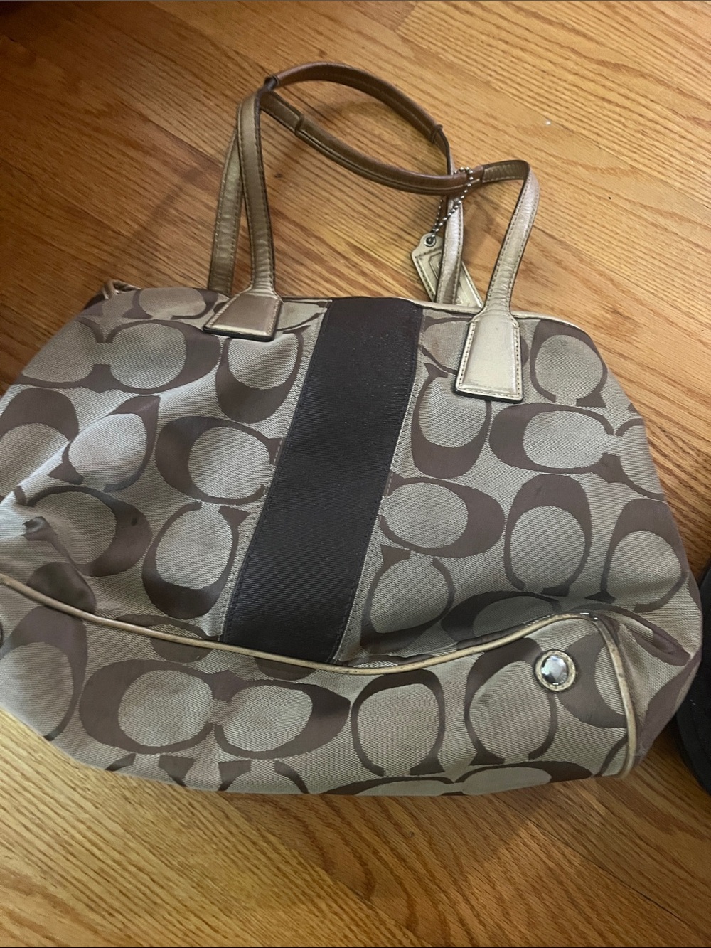 Coach Brown Signature Stripe Tote with Dark Center Panel